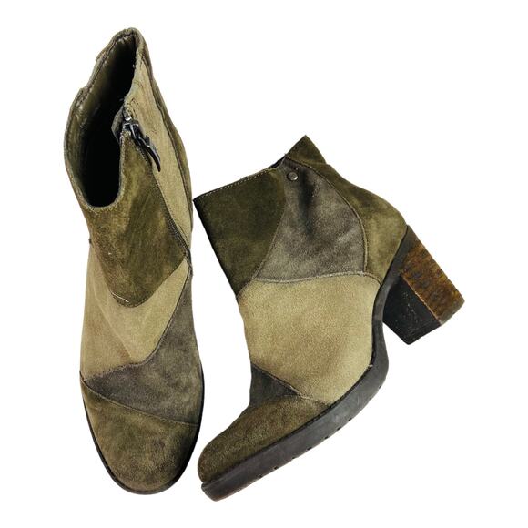 Earth Malta Ankle Boots Womens 8.5 Brown Taupe Suede Patchwork Heel Booties Zip - Picture 2 of 9